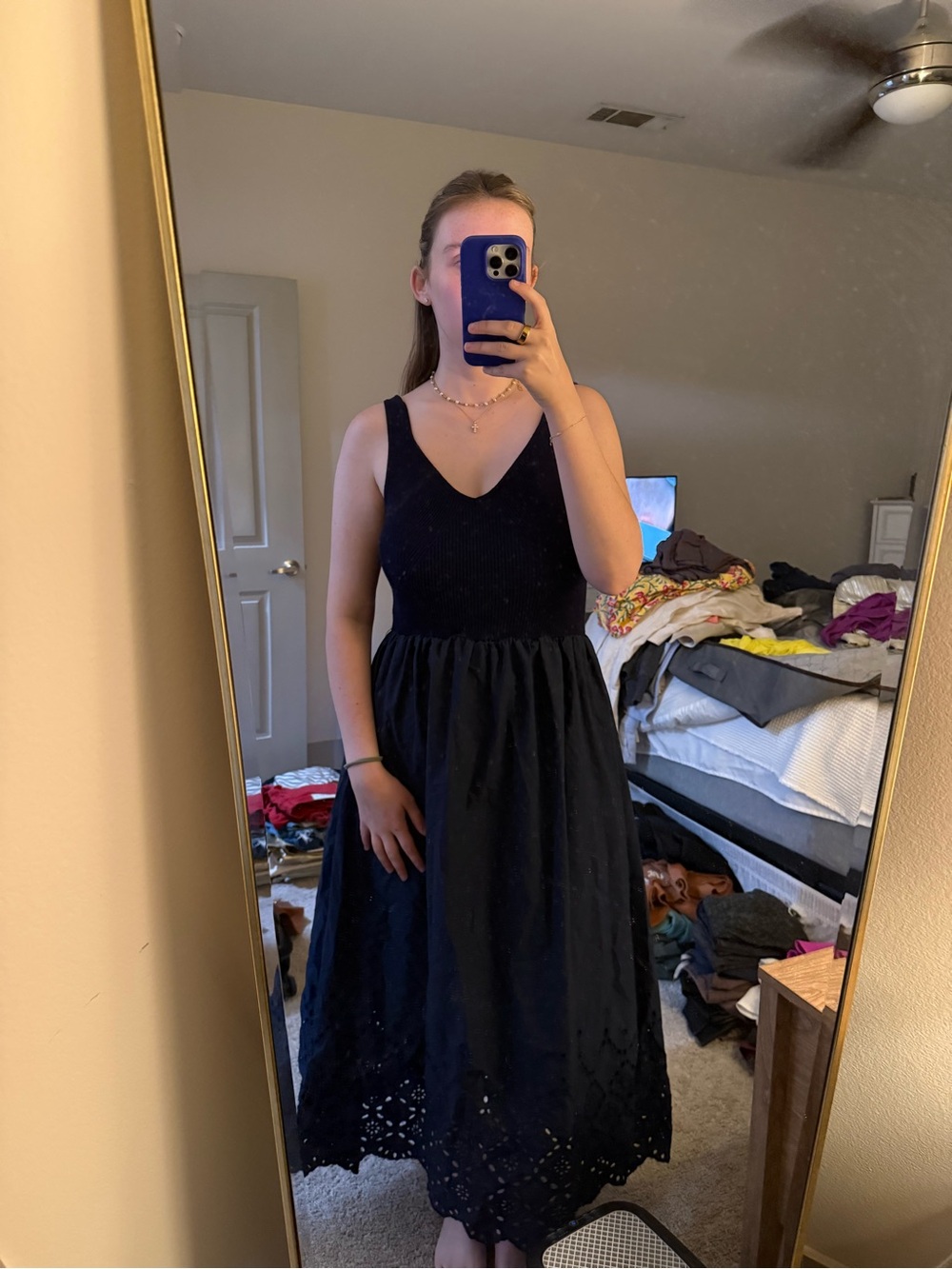 Sleeveless Navy Midi Dress with Eyelet Hem